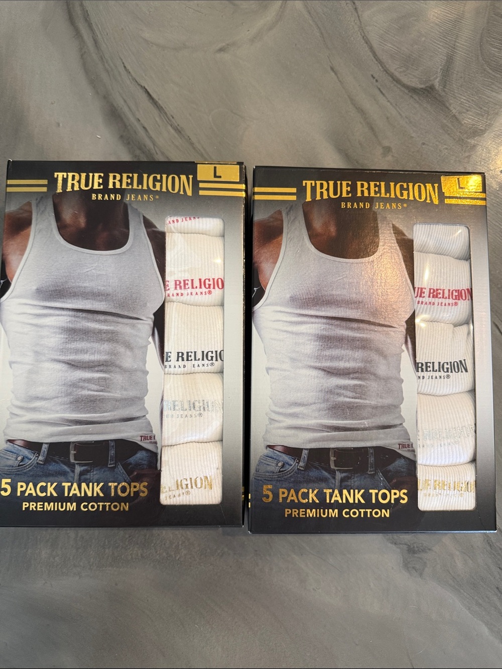 New in Box True Religion Men’s White Tank Tops 5-Packs 2 boxes size L